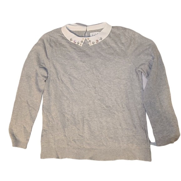 Elle Womens Gray Sweater White Decorative Collar Shirt Long Sleeve Top Size L - Picture 2 of 10